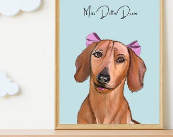 Senhorita Dottie Doxie – Retrato de Cachorro para Imprimir, Arte de Parede de Dachshund Caprichosa, Download Digital Instantâneo