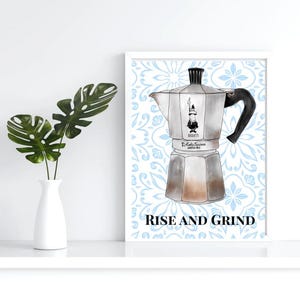 Rise and Male | Konsttryck med Moka-kanna och kaffe | Väggdekoration i italienskt kök | Digital nedladdning för hemkaféstil
