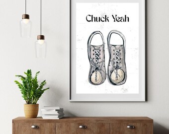 Chuck Yeah. Arte imprimible de zapatillas. Impresión de pared de Converse. Póster de zapatillas genial. Ilustración de boceto en blanco y negro para descargar.
