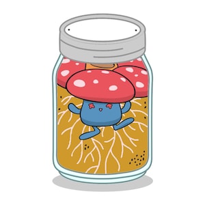 May include: A glass jar with a silver lid contains a red and white mushroom with a blue, smiling character inside. The mushroom is surrounded by brown roots.