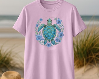 Turtle Bloom Coastal Tee – Soft Floral Sea Turtle Shirt for Ocean Lovers