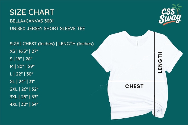 Puede incluir: Camiseta blanca unisex de manga corta con una tabla de tallas. La tabla enumera las medidas de pecho y largo en pulgadas para las tallas XS a 4XL. La camiseta est&aacute; etiquetada como Bella+Canvas 3001.