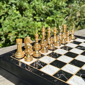 Custom Chess Board Set with Storage – Handmade Wooden Chess Set with Metal Pieces – Unique Gift for Men, Dad, Husband