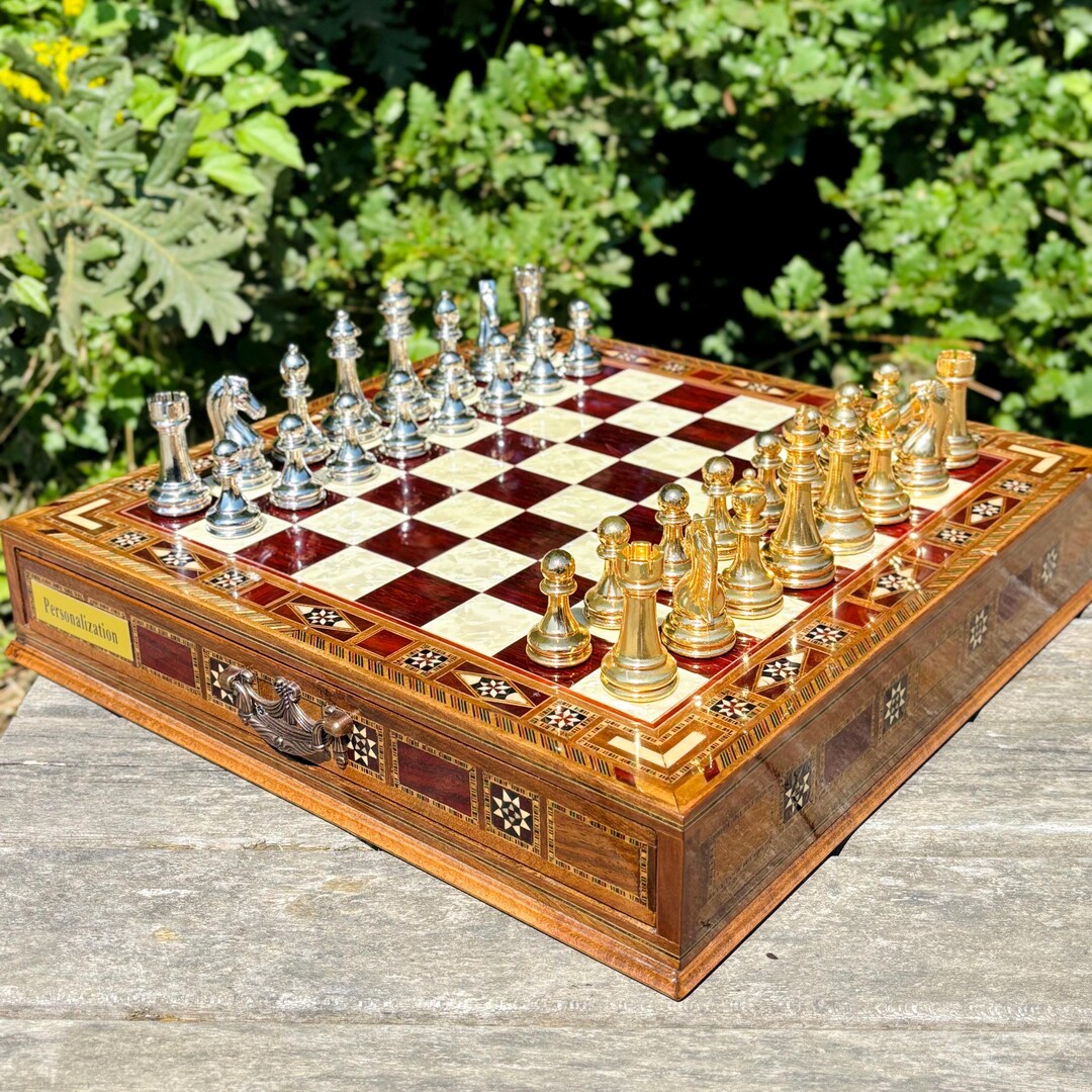 Wooden Chess Set: Custom Mosaic Board - Cast Metal Pieces - Etsy