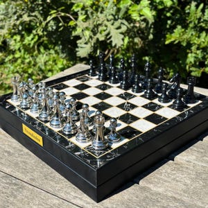 Personalized Wooden Chess Set: Marble Inlay, Metal Pieces, Hidden Storage