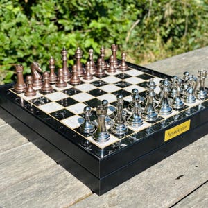 Handmade Wooden Chess Set: Metal Pieces, Marble-Patterned Board, Hidden Drawer