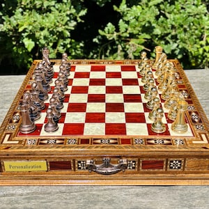 Handmade Luxury Chess Set – Personalized Wooden Board with Storage – Metal Chess Pieces – Unique Gift for Him or Father