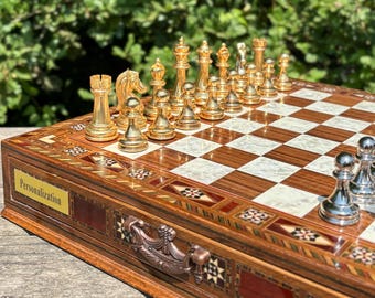 Custom Wooden Chess Set: Handmade Board and Metal Pieces (Hidden Storage)
