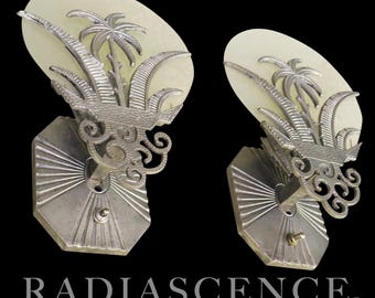 Rare Matched Pair French Art Deco Tropic Palm Aluminum Glass Wall Sconce Lamps 1920's