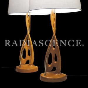 May include: Two wooden table lamps with white shades. The lamps have a unique, openwork design with oval cutouts and brass accents. The base is a rounded shape. The text "RADIASCENCE" is printed on the front.
