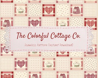 Naadloos patroon | Patchwork Valentijnsquilt | Roze gingangharten + bloemen | Digitaal stofontwerp (directe download)