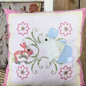Vintage Handmade Bunny Pillow – Blue and pink Patchwork Rabbits with Embroidery & Lace Trim – Cottagecore Spring Decor
