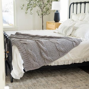 Machine washable grey cable knit throw with substantial 5.5 lb weight, premium 50 x 60 blanket for everyday home comfort. Grey Bed throw blanket