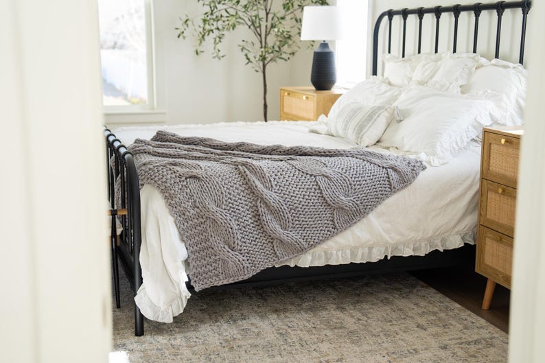 Machine washable grey cable knit throw with substantial 5.5 lb weight, premium 50 x 60 blanket for everyday home comfort. Grey Bed throw blanket