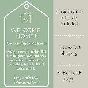 Personalized Welcome Home card included with luxury blanket, thoughtful real estate closing gift from realtor to home buyer