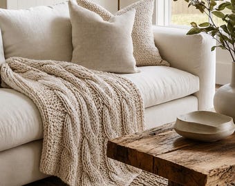 Homedecor, Chunky Throw Blanket for Sofa & Bed, Cable Knit Blanket, Cozy Textured Throw, Neutral Living Room Blanket, Fall Decor