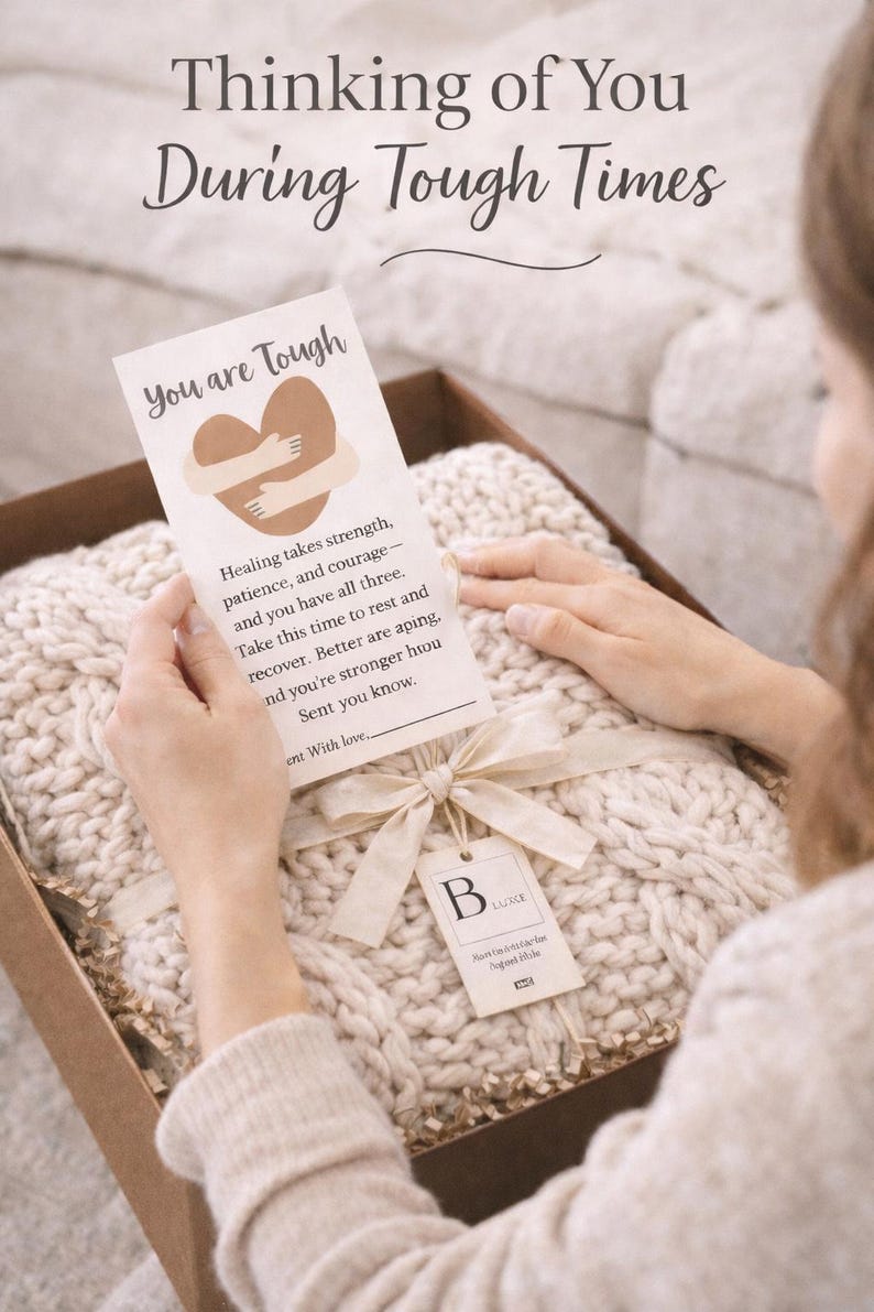 Puede incluir: Una caja de regalo que contiene una manta de punto grueso de color crema y una tarjeta que dice "Thinking of You During Tough Times". La tarjeta tiene un gr&aacute;fico de coraz&oacute;n y texto de apoyo. Cinta y etiqueta color crema.