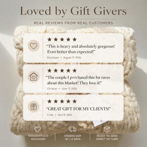 Five-star customer reviews for luxury realtor closing gift blanket, highly rated housewarming and real estate client gift