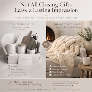 Luxury realtor closing gift blanket compared with generic client gift box, showing a useful housewarming gift new homeowners can enjoy every day