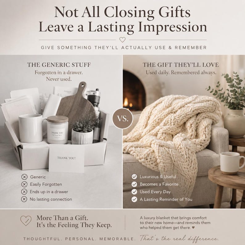 Luxury realtor closing gift blanket compared with generic client gift box, showing a useful housewarming gift new homeowners can enjoy every day