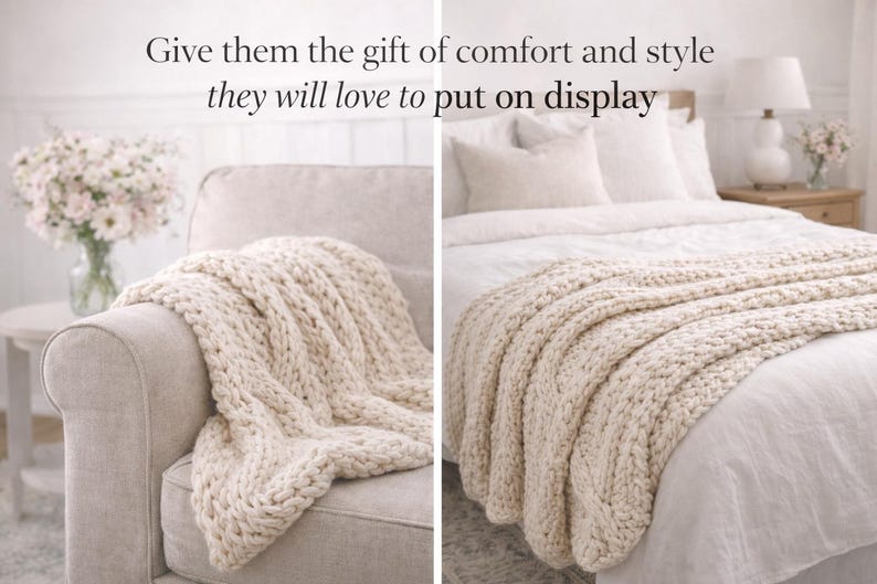 Puede incluir: Una manta de punto grueso de color crema sobre un sof&aacute; y una cama. La manta est&aacute; hecha de hilo grueso y tiene un aspecto texturizado. La imagen incluye el texto: "Give them the gift of comfort and style they will love to put on display."