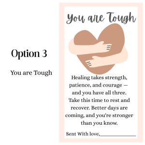 Puede incluir: Una tarjeta rectangular con un borde rosa claro presenta el texto "You are Tough" y "Option 3". La tarjeta tiene un coraz&oacute;n marr&oacute;n abrazado por dos brazos. La tarjeta tambi&eacute;n incluye texto sobre curaci&oacute;n y fuerza.