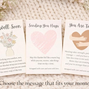Puede incluir: Tres tarjetas con mensajes: "Get Well Soon" con flores, "Sending You Hugs" con un coraz&oacute;n rosa y "You Are Tough" con brazos abrazando. El texto "Elige el mensaje que se adapte a tu momento" est&aacute; en la parte inferior.