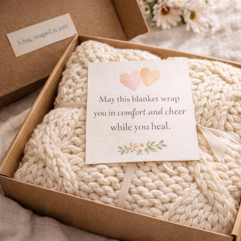 Puede incluir: Una manta de punto grueso de color crema se presenta en una caja marr&oacute;n. Una peque&ntilde;a tarjeta con el texto "May this blanket wrap you in comfort and cheer while you heal" est&aacute; atada a la manta. La caja tambi&eacute;n tiene una etiqueta que dice "A hug, wrapped in yarn."