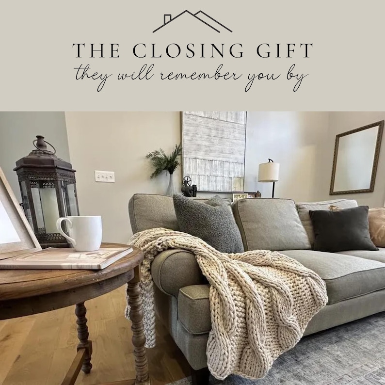 Ivory chunky knit blanket styled in a luxury neutral living room, personalized realtor closing gift and housewarming gift for new homeowners