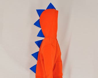 Orange Dinosaur Hoodie - With Blue Spikes - Sizes 12 months to Youth 8 Available