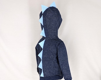 Speckled Navy Blue Dinosaur Hoodie - With Light Blue Spikes - Sizes 2T through 8 Available
