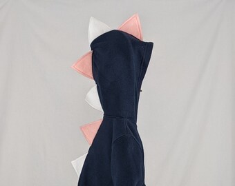 Navy Blue Dinosaur Hoodie - White and Light Pink Spikes - Size 12 Months (LAST ONE)