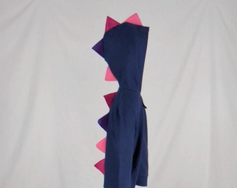Girls Navy Blue Dinosaur Hoodie With Pink, Magenta, and Purple Spikes - XS, S, and M Available