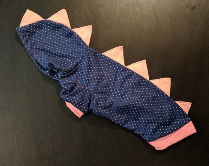 Navy Blue Dog Dinosaur Hoodie With Light Pink Hearts and Matching Pink Spikes Sizes L and XL