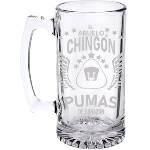 El Abuelo Chingon pumas de Corazón 26.5 oz laser engraved Glass Beer Mug with Handle.