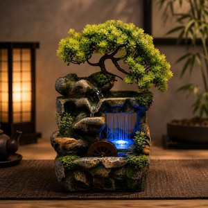 Op de afbeelding: Een tafelwaterfontein met een gelaagde rotsachtige structuur met mosachtige texturen, een klein bruin waterrad en een groene miniatuur bonsai. De fontein bevat een blauw LED-lampje dat de trapsgewijze waterstroom verlicht.