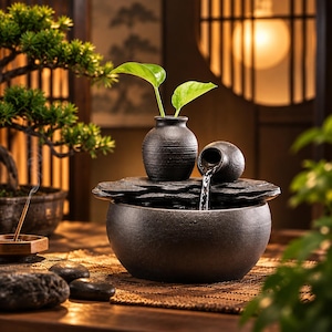 以下が含まれることがあります： 黒い陶器製の卓上噴水。大きな丸いボウル、平らな石のような台座、2つの小さな花瓶の形をした容器で構成されています。片方の容器には緑の葉が2枚入っており、もう片方は傾いて下のボウルに水を注いでいます。
