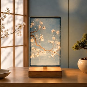 Bordlampa i körsbärsblom, sänglampa i japansk stil, zen-inredning, nattlampa i trä