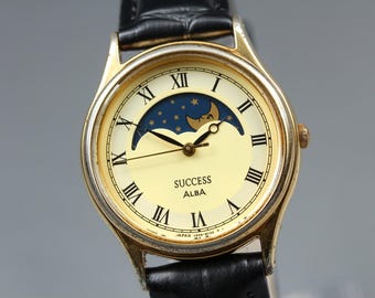 Vintage Seiko Alba Sun and Moon Watch With Leather Strap, Classic