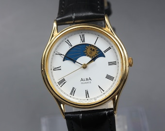 Vintage Seiko Alba Sun and Moon Watch With Leather Strap, Classic
