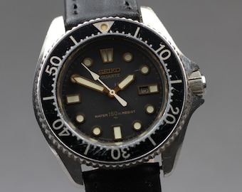 Vintage 1980 [Exc+5] Seiko Diver 2625-0010 Black Silver Date 37mm Qz Men's Watch