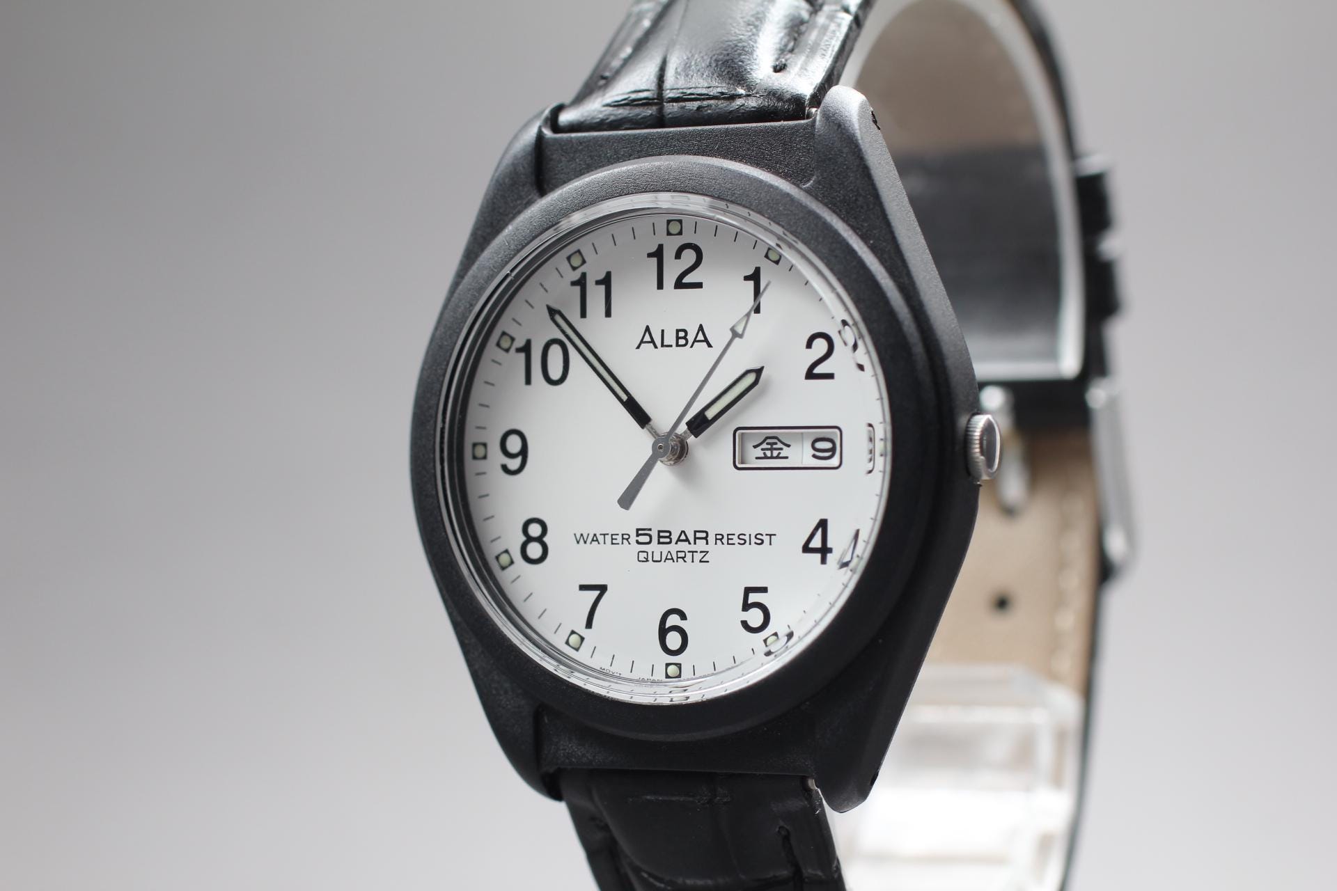 Vintage 1999 Exc+5* Seiko Alba V733-8A90 Black Day Date 35mm