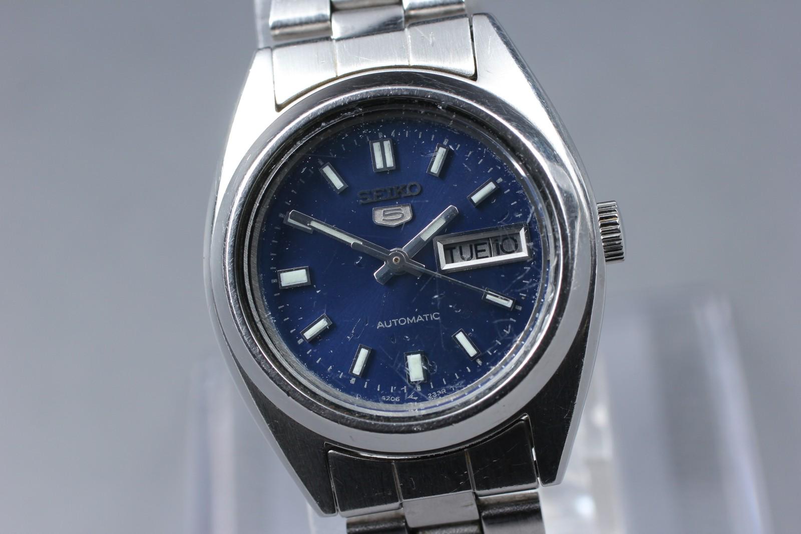 Vintage[exc+5] Seiko 5 4206-0420 Silver Day Date Blue 26mm Auto