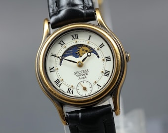 Vintage Seiko Alba Sun and Moon Watch With Leather Strap, Classic