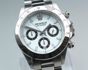 New Batt N MINT* Grandeur Maximal JGR004 Silver Chronograph 42mm Qz Men's Watch