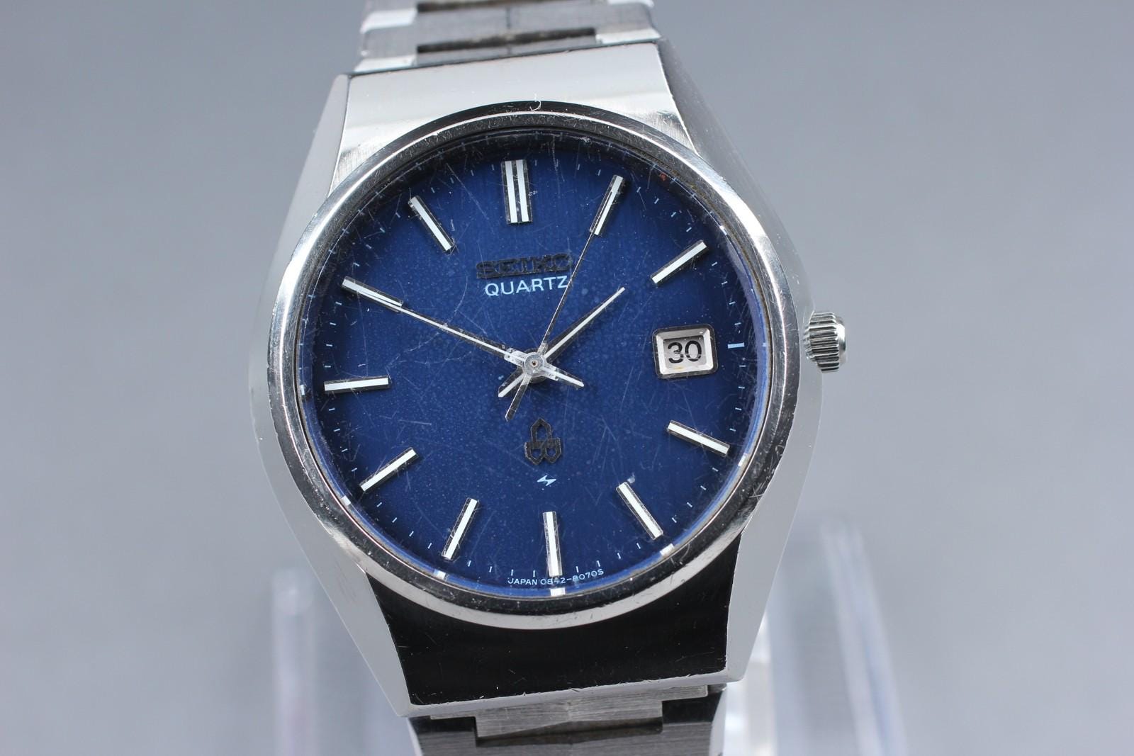 Vintage 1986 [exc+4] Seiko 0842-8070 Blue Round Date 36mm Quartz 