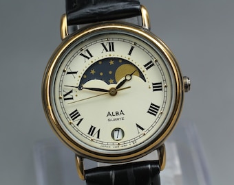Vintage Seiko Alba Sun and Moon Watch With Leather Strap, Classic