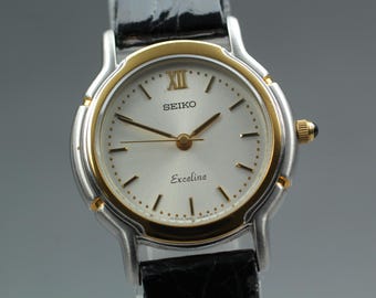 Vintage 1990 N MINT* Seiko Exceline 1F21-0D90 Roman Gold 24mm Qz Ladies Watch