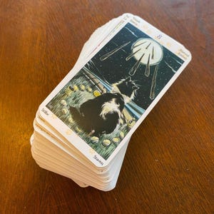 May include: A deck of tarot cards featuring a black and white cat illustration on the top card. The card depicts a night sky with a full moon and falling objects. The deck is stacked on a wooden surface.