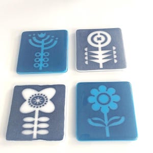 Fused Glass Coaster Set – Blue and White Floral Design*